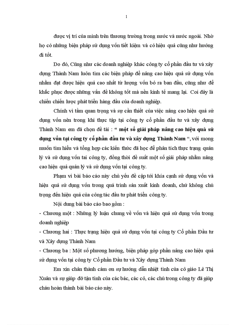 Một số giải pháp nâng cao hiệu quả sử dụng vốn tại công ty cổ phần đầu tư và xây dựng Thành Nam