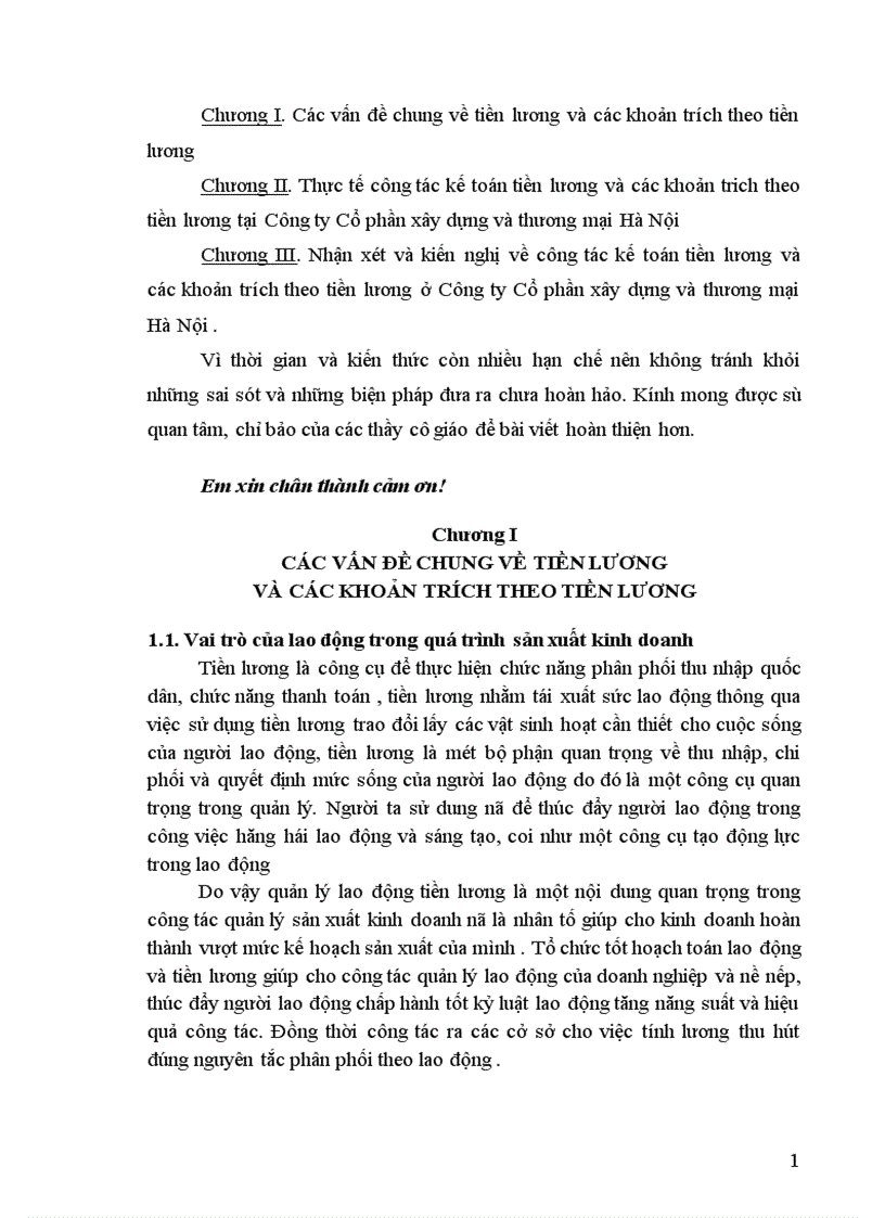Kế toán tiền lương và các khoản trích theo lương tại Công ty cổ phần xây dựng và thương mại Hà Nôị 1