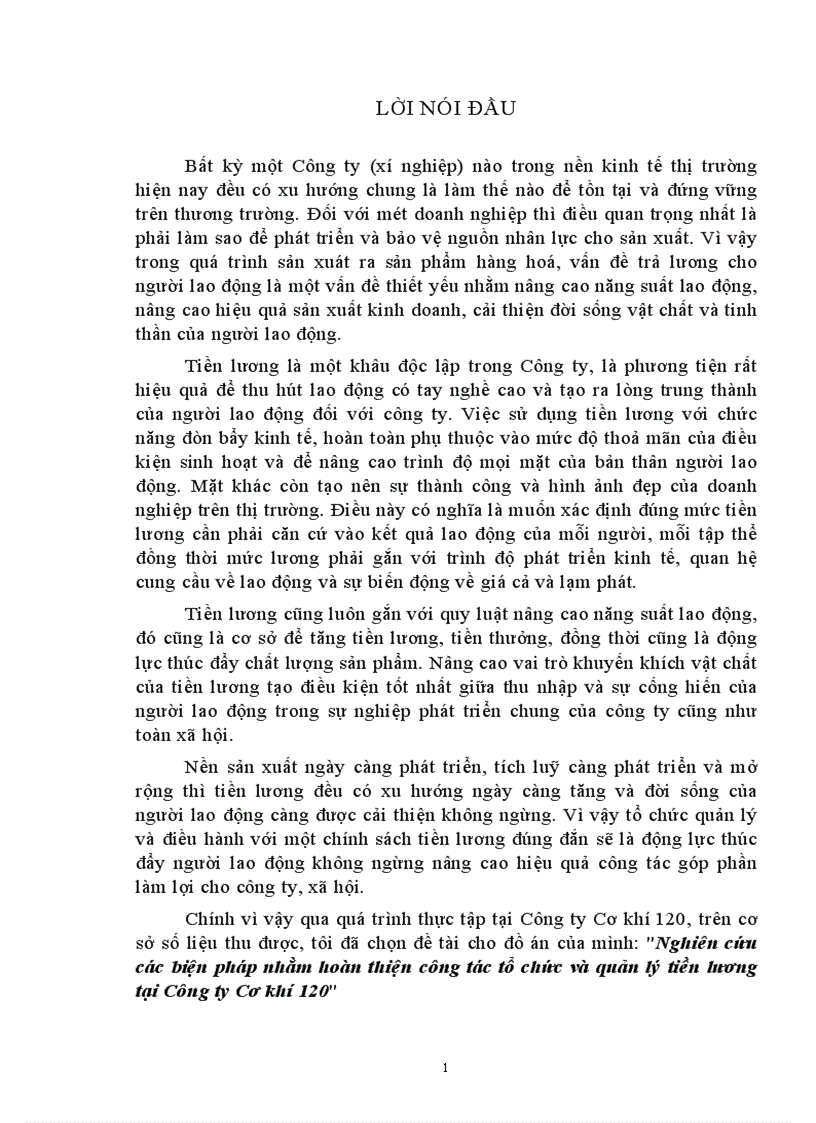 Nghiên cứu các biện pháp nhằm hoàn thiện công tác tổ chức và quản lý tiền lương tại Công ty Cơ khí 120