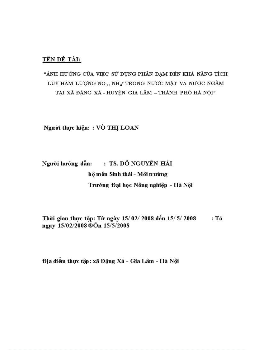 image for page Ảnh hưởng của việc sử dụng phân đạm đến khả năng tích lũy hàm lượng NO3 NH4 trong nước mặt và nước ngầm tại xã Đặng Xá huyện Gia Lâm thành phố Hà Nội