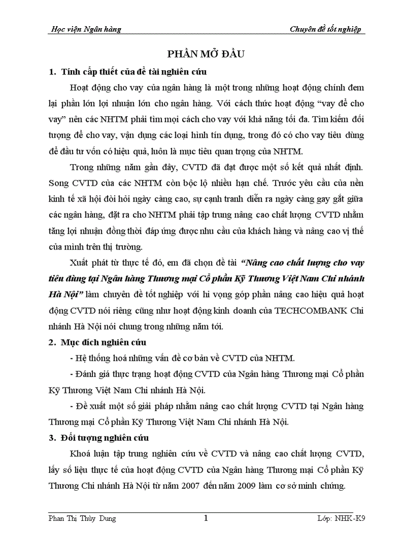 Nâng cao chất lượng cho vay tiêu dùng tại Ngân hàng Thương mại Cổ phần Kỹ Thương Việt Nam Chi nhánh Hà Nội 1