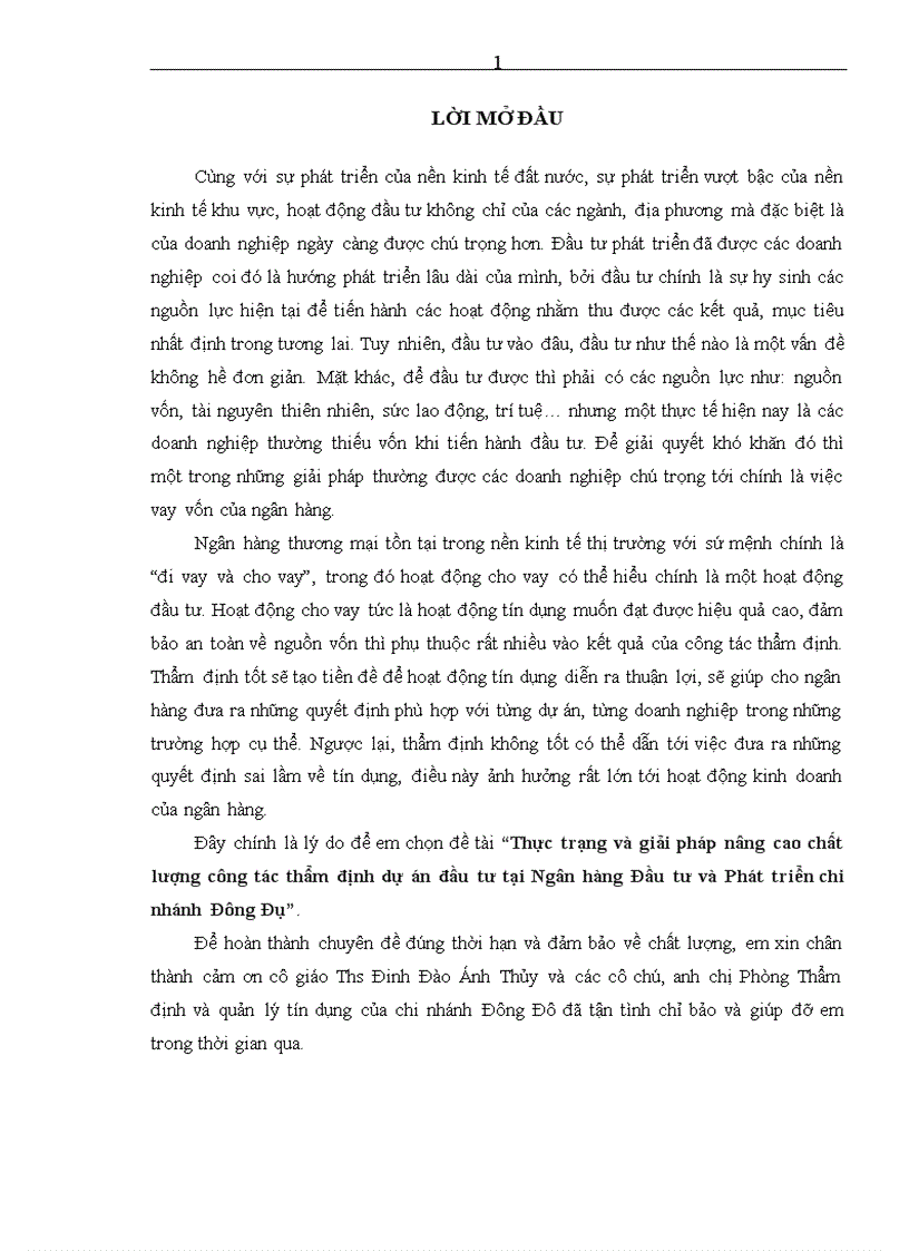Thực trạng và giải pháp nâng cao chất lượng công tác thẩm định dự án đầu tư tại Ngân hàng Đầu tư và Phát triển chi nhánh Đông Đô 1