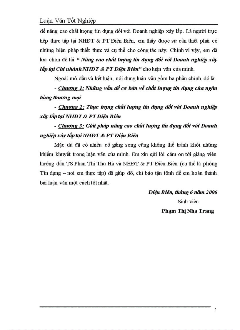 image for page Nâng cao chất lượng tín dụng đối với Doanh nghiệp xây lắp tại Chi nhánh NHĐT PT Điện Biên 1