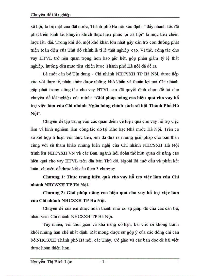 Giải pháp nâng cao hiệu quả cho vay hỗ trợ việc làm của Chi nhánh Ngân hàng chính sách xã hội Thành Phố Hà Nội