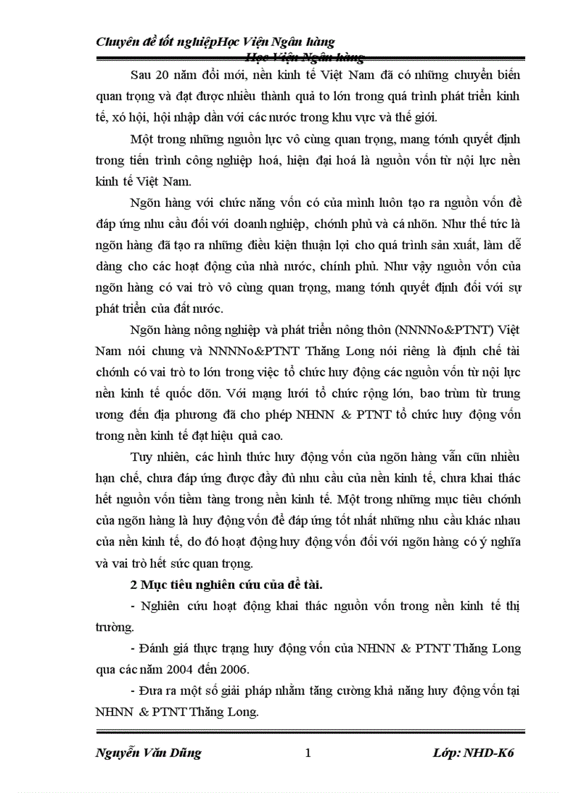 Giải pháp mở rộng hoạt động huy động vốn tại Ngân hàng nN PTNT Thăng Long Hà Nội 2007