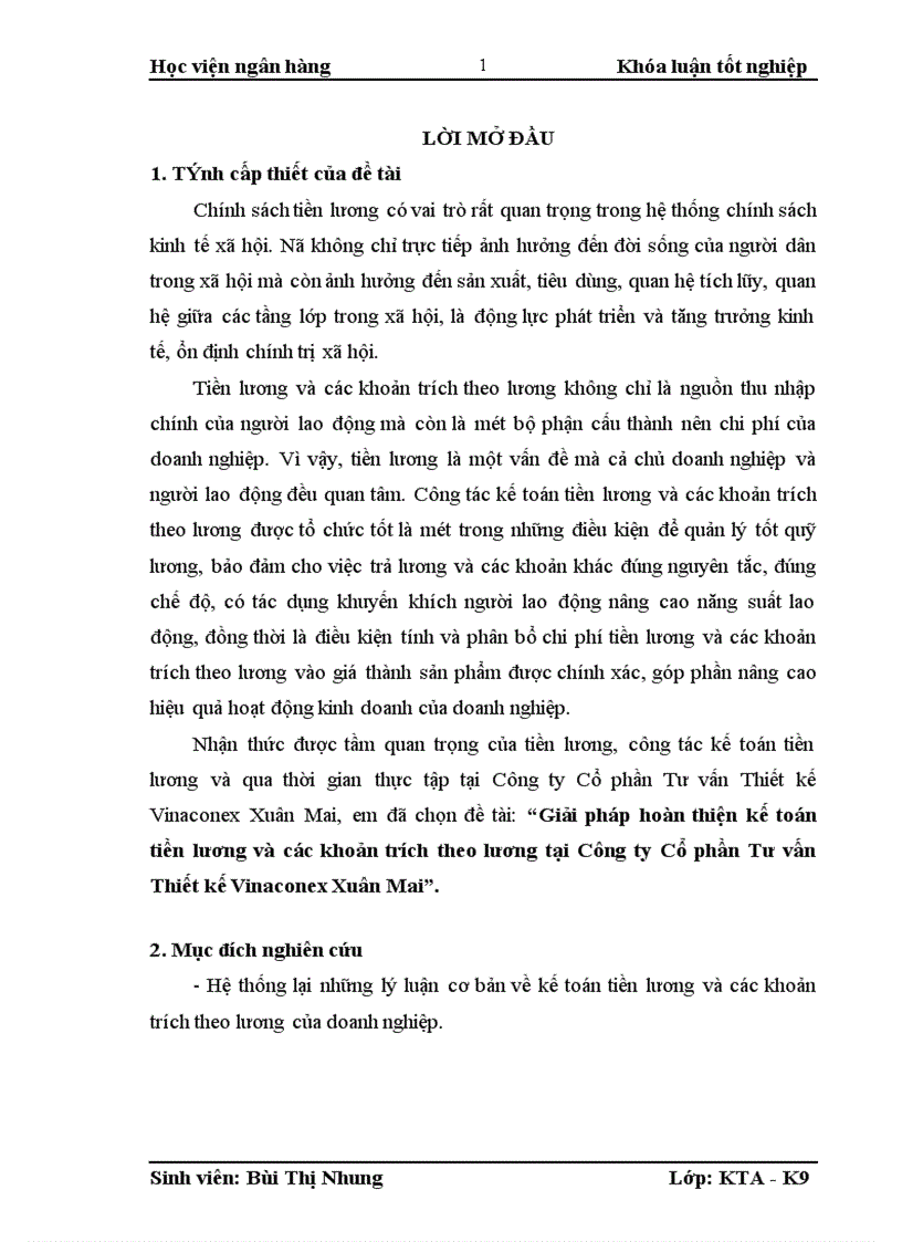 Giải pháp hoàn thiện kế toán tiền lương và các khoản trích theo lương tại Công ty Cổ phần Tư vấn Thiết kế Vinaconex Xuân Mai 1