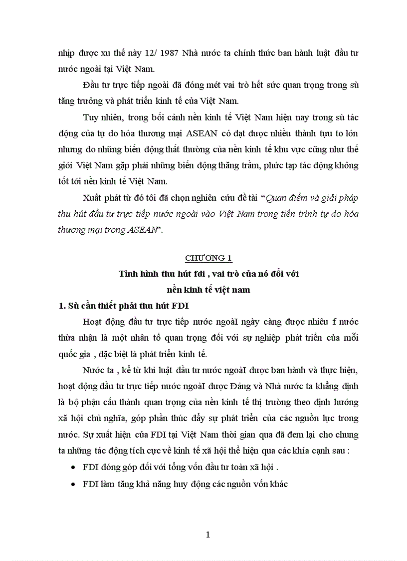 Quan điểm và giải pháp thu hút đầu tư trực tiếp nước ngoài vào Việt Nam trong tiến trình tự do hóa thương mại trong ASEAN 1