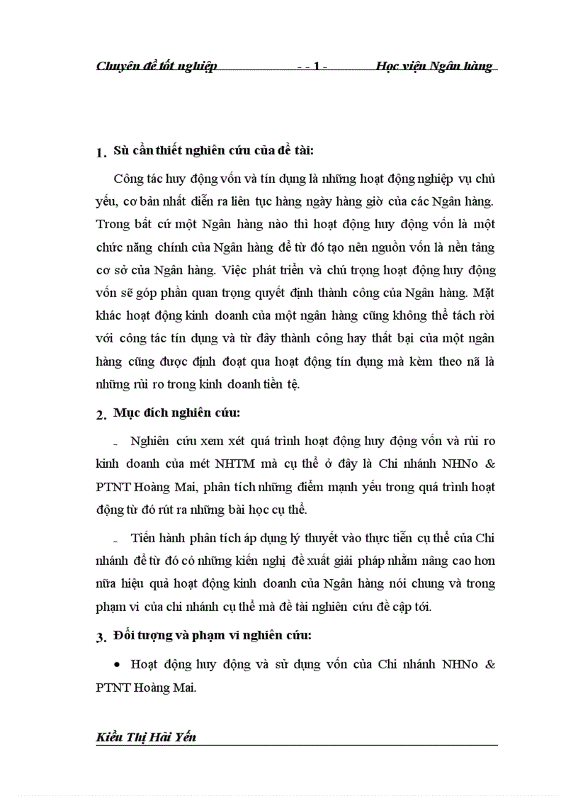 Hoạt động huy động vốn và rủi ro trong kinh doanh tại Chi nhánh Hoàng Mai Ngân hàng Nông nghiệp và phát triển nông thôn 1
