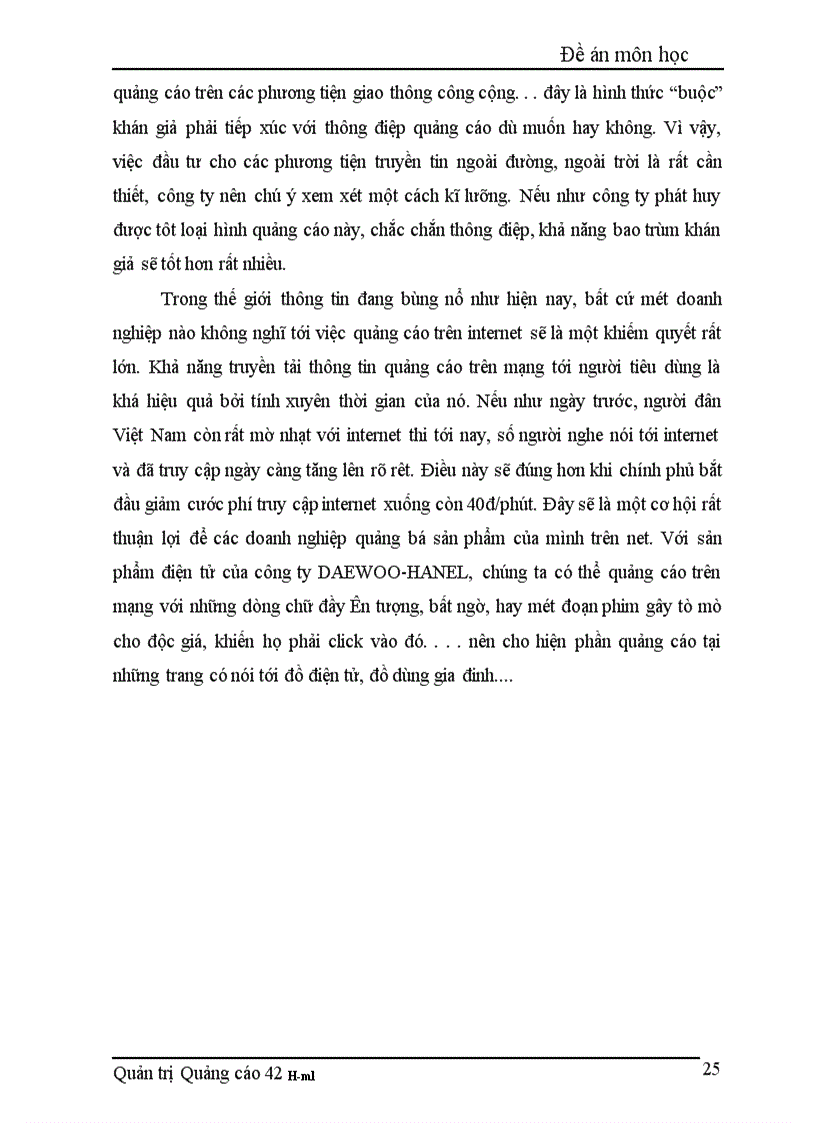 image for page Báo cáo thực tập tổng hợp Thực trạng việc sử dụng phương tiện quảng cáo trong hoạt động marketing sản phẩm điện tử của công ty Daewoo Hanel