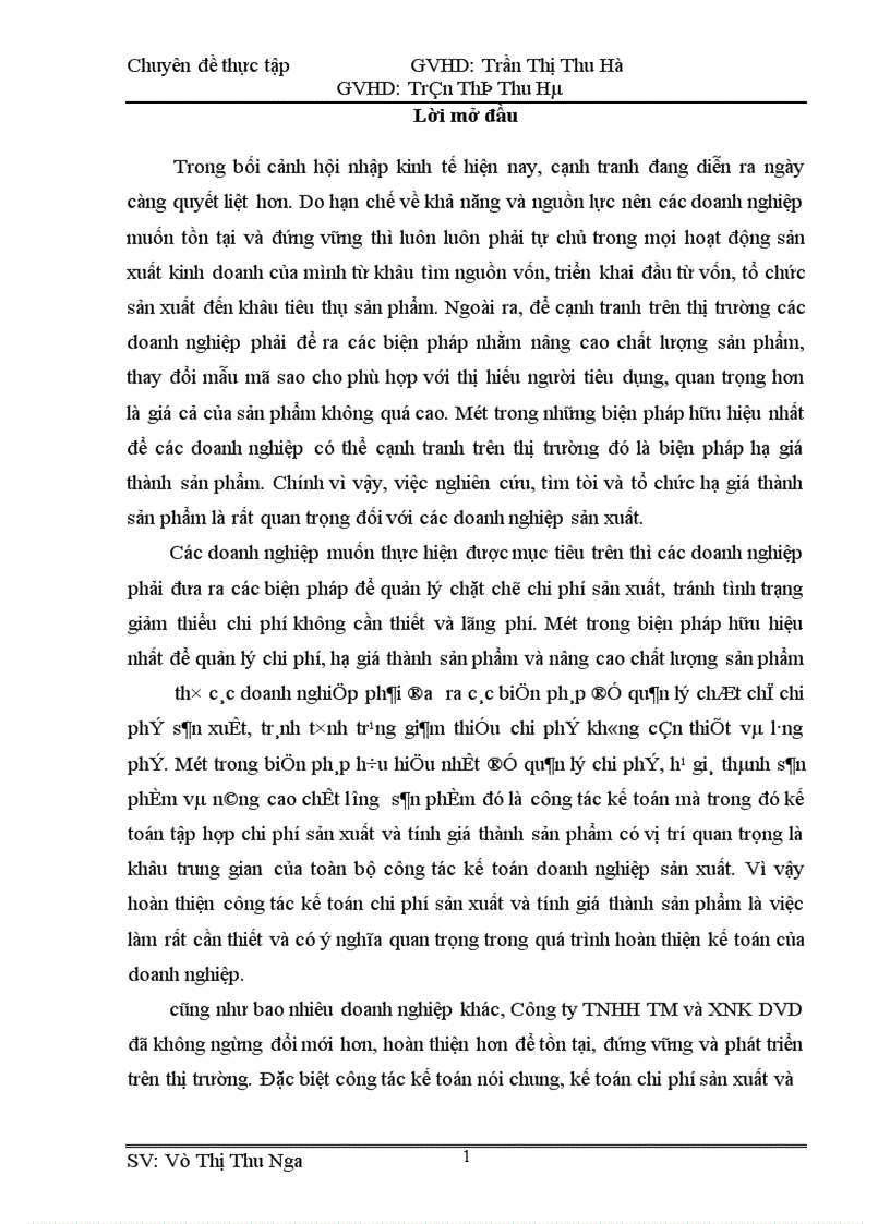 image for page Hoàn thiện Công Tác Kế toán hạch toán chi phí sản xuất và tính giá thành sản phẩm tại Công ty TNHH TM và XNK DVD 1