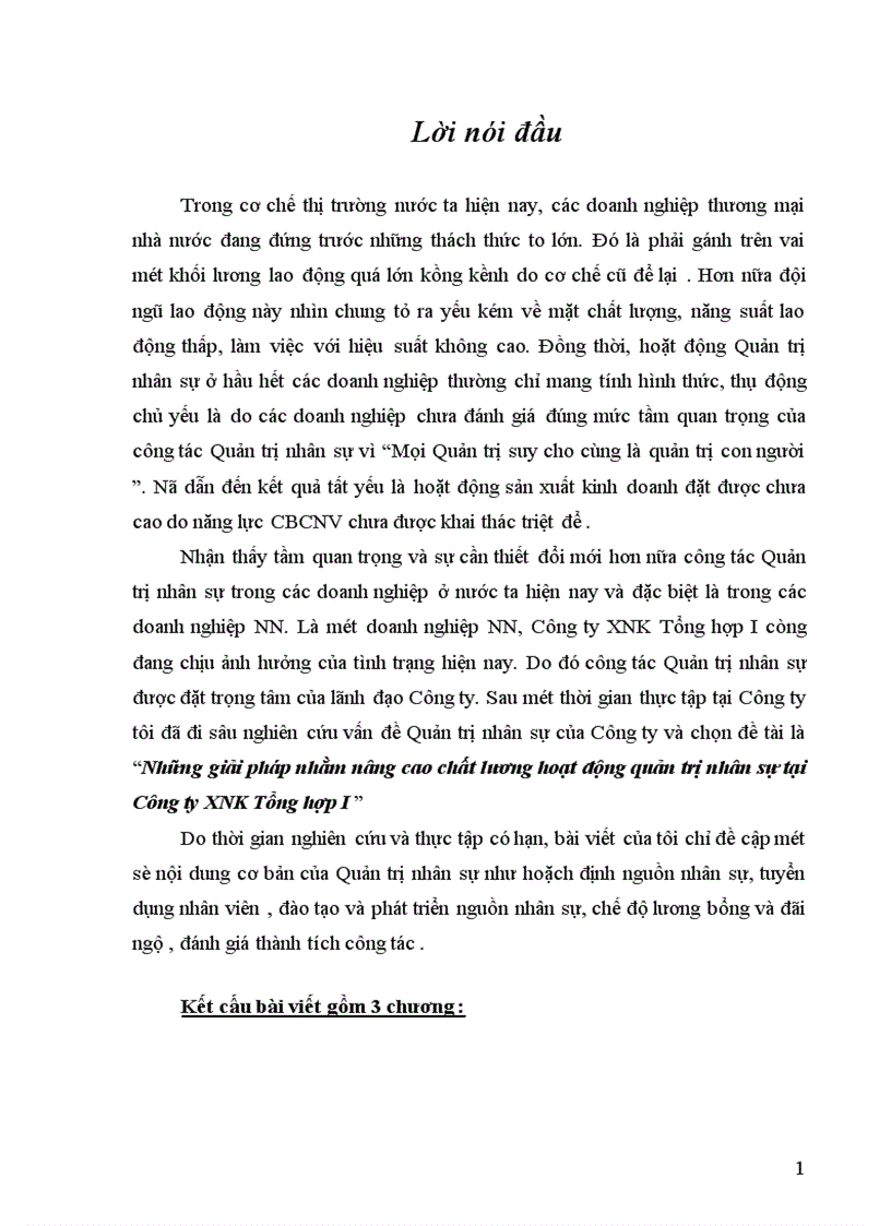Những giải pháp nhằm nâng cao chất lương hoạt động quản trị nhân sự tại Công ty XNK Tổng hợp I 1