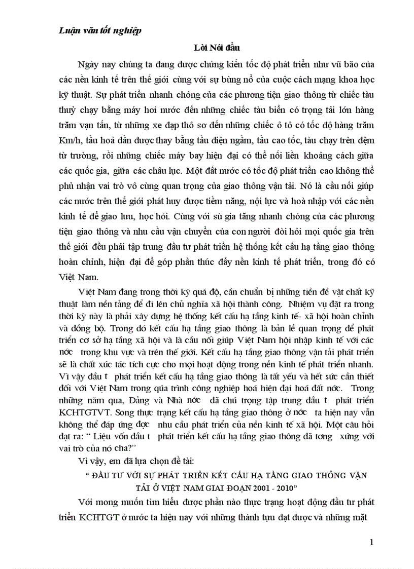 Đầu tư với sự phát triển kết cấu hạ tầng giao thông vận tải ở Việt Nam giai đoạn 2001 2010 1