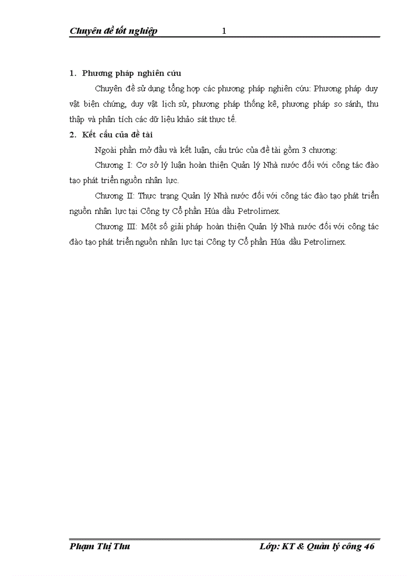 Một số giải pháp hoàn thiện Quản lý Nhà nước đối với công tác đào tạo phát triển nguồn nhân lực tại Công ty Cổ phần Hóa dầu Petrolimex 1