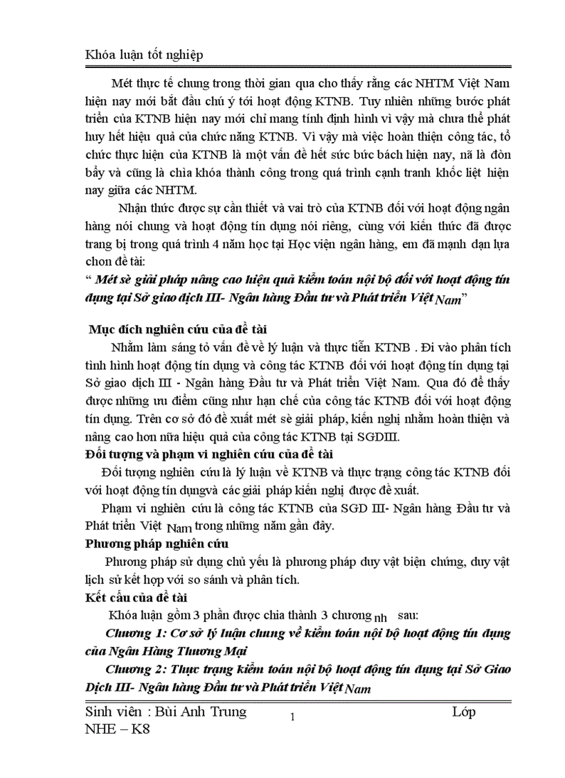 Một số giải pháp nâng cao hiệu quả kiểm toán nội bộ đối với hoạt động tín dụng tại Sở giao dịch III Ngân hàng Đầu tư và Phát triển Việt Nam 1