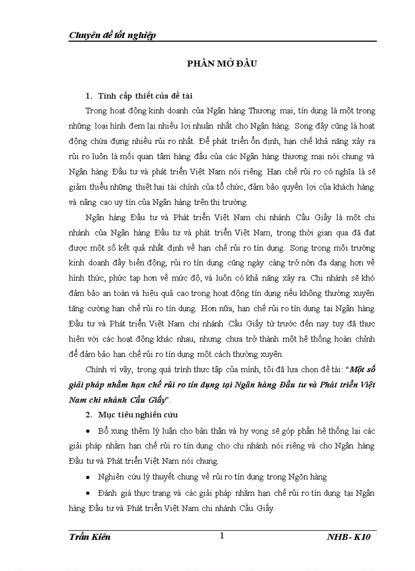 Một số giải pháp nhằm hạn chế rủi ro tín dụng tại Ngân hàng Đầu tư và Phát triển Việt Nam chi nhánh Cầu Giấy 1