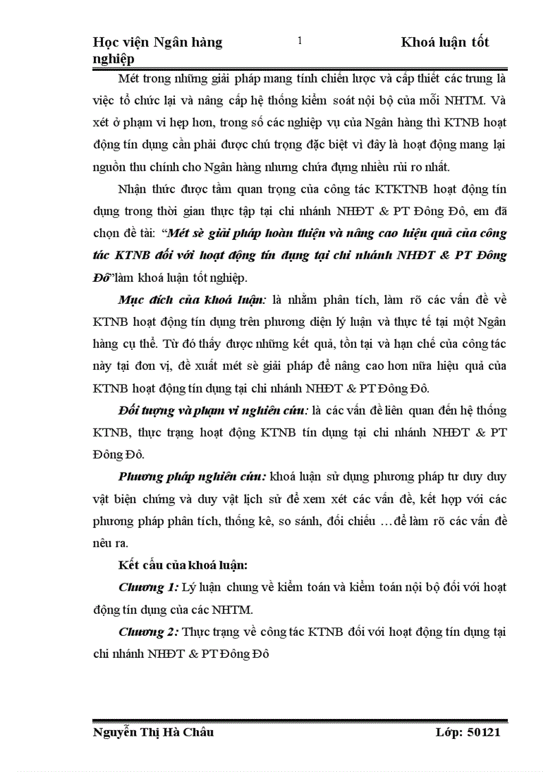 Một số giải pháp hoàn thiện và nâng cao hiệu quả của công tác KTNB đối với hoạt động tín dụng tại chi nhánh NHĐT PT Đông Đô 1