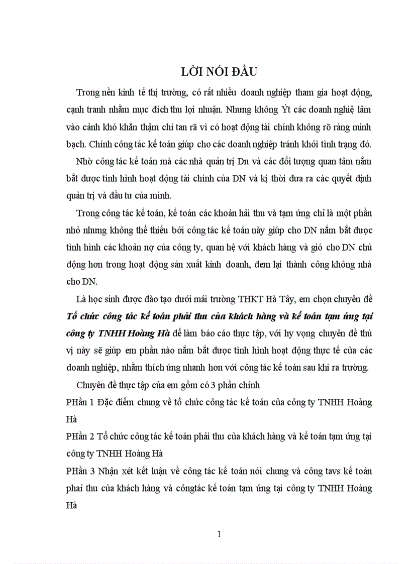 Tổ chức công tác phải thu của khách hàng và kế toán tạm ứng ở công ty TNHH Hoàng Hà 1