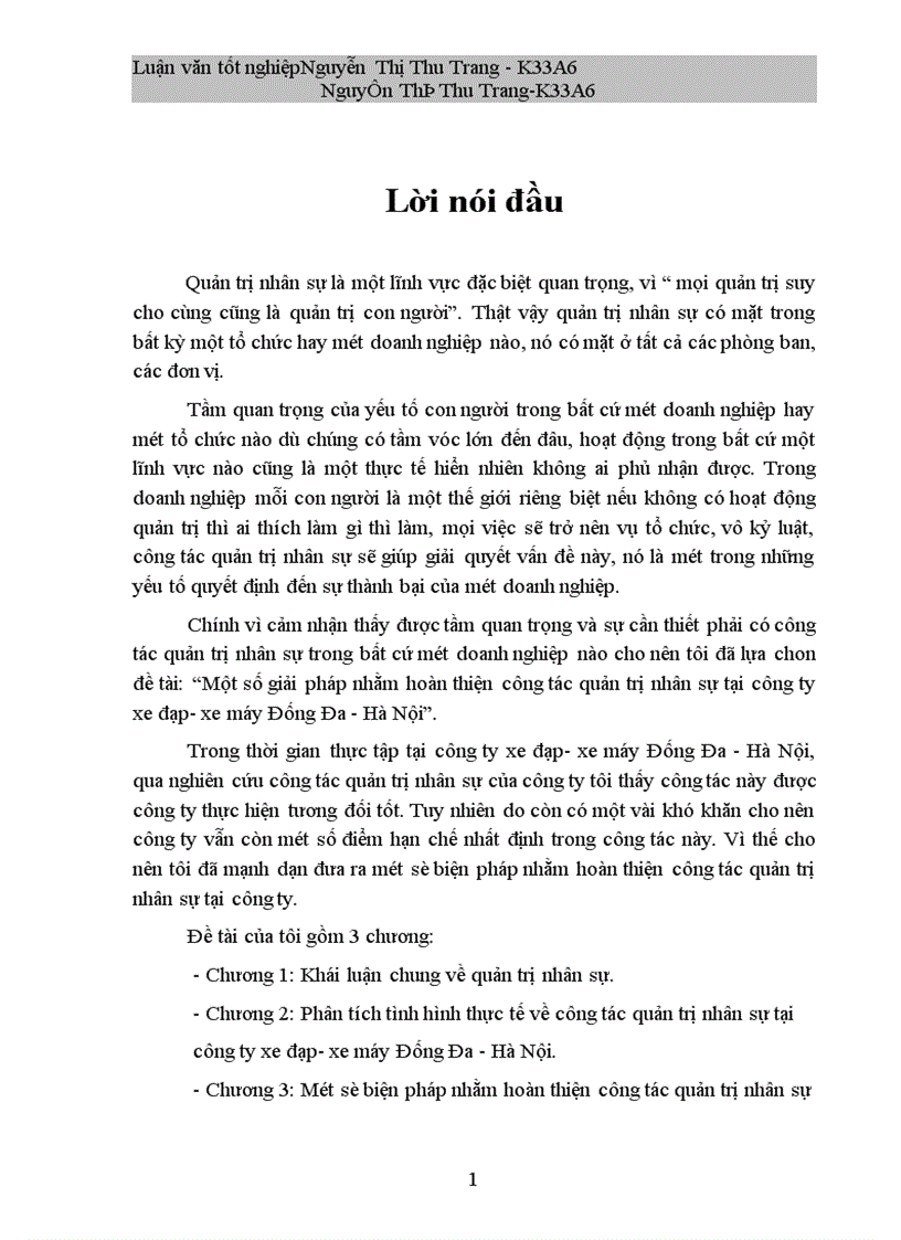 Một số giải pháp nhằm hoàn thiện công tác quản trị nhân sự tại công ty xe đạp xe máy Đống Đa Hà Nội 1