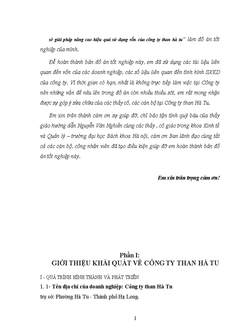 Phân tích tình hình sử dụng vốn và một số giải pháp nâng cao hiệu quả sử dụng vốn của công ty than hà tu 1