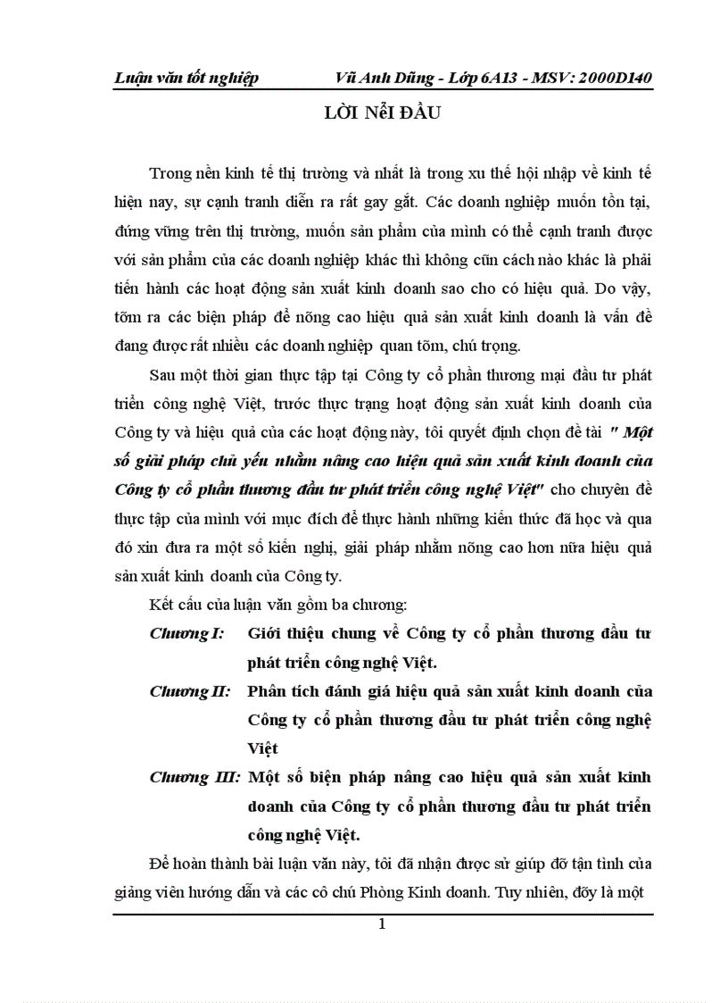Một số giải pháp chủ yếu nhằm nâng cao hiệu quả sản xuất kinh doanh của Công ty cổ phần thương đầu tư phát triển công nghệ Việt