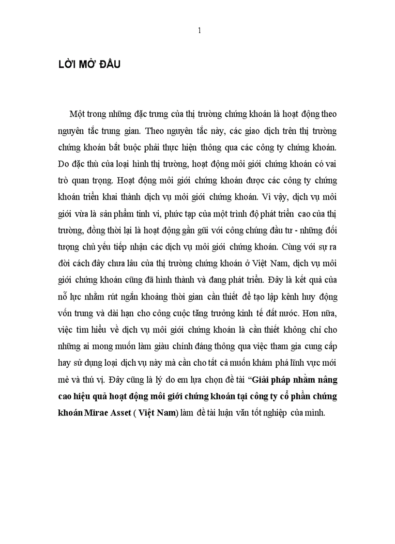 Giải pháp nhằm nâng cao hiệu quả hoạt động môi giới chứng khoán tại công ty cổ phần chứng khoán Mirae Asset Việt Nam