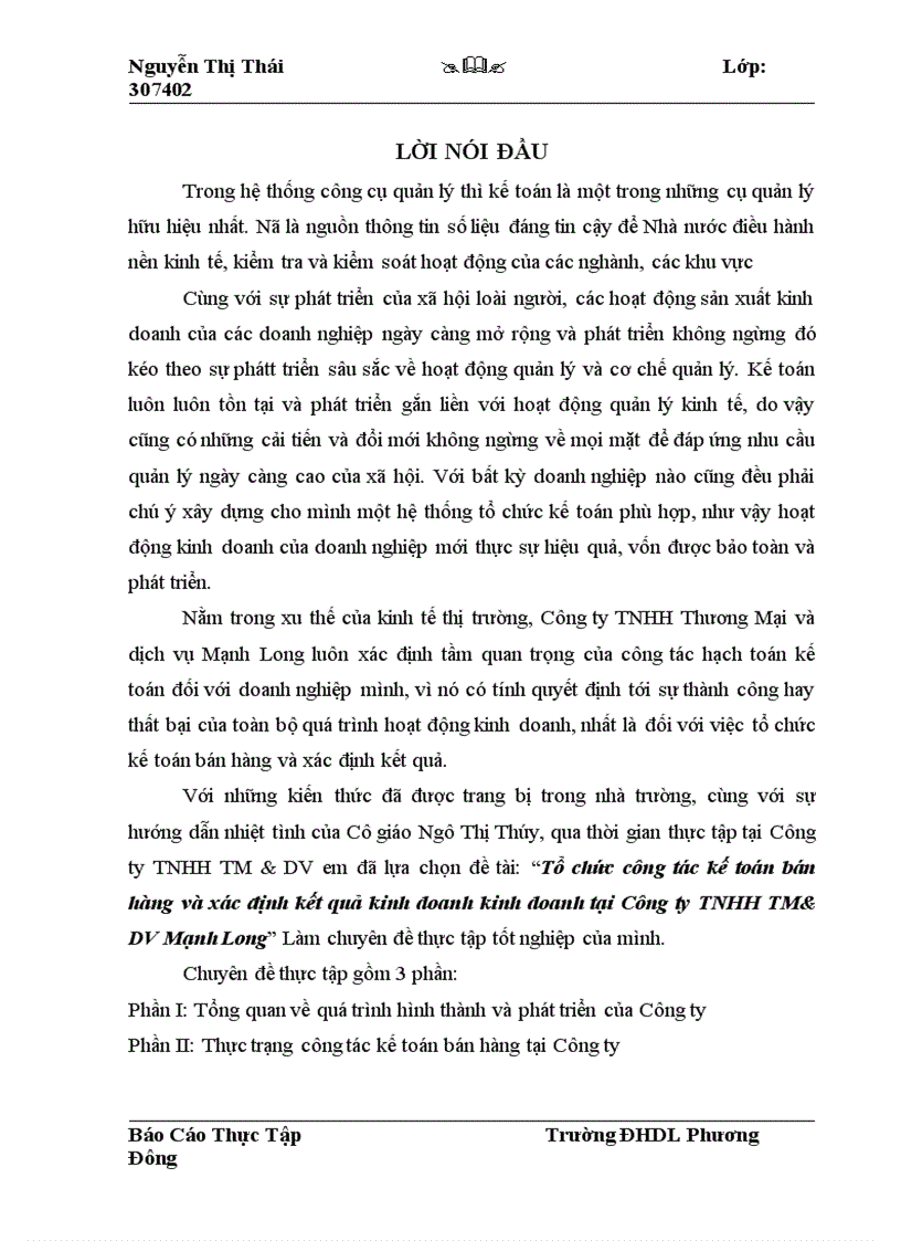 Tổ chức công tác kế toán bán hàng và xác định kết quả kinh doanh kinh doanh tại Công ty TNHH TM DV Mạnh Long 1