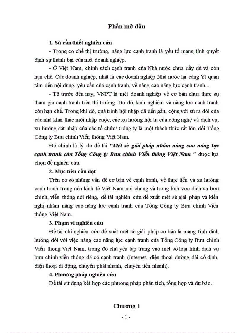 Một số giải pháp nhằm nâng cao năng lực cạnh tranh của Tổng Công ty Bưu chính Viễn thông Việt Nam 1