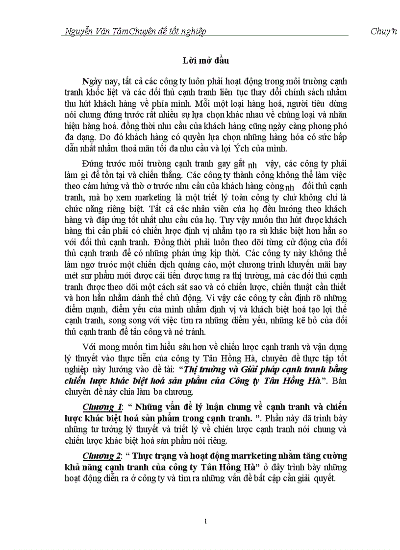 Thị trường và Giải pháp cạnh tranh bằng chiến lược khác biệt hoá sản phẩm của Công ty Tân Hồng Hà 1