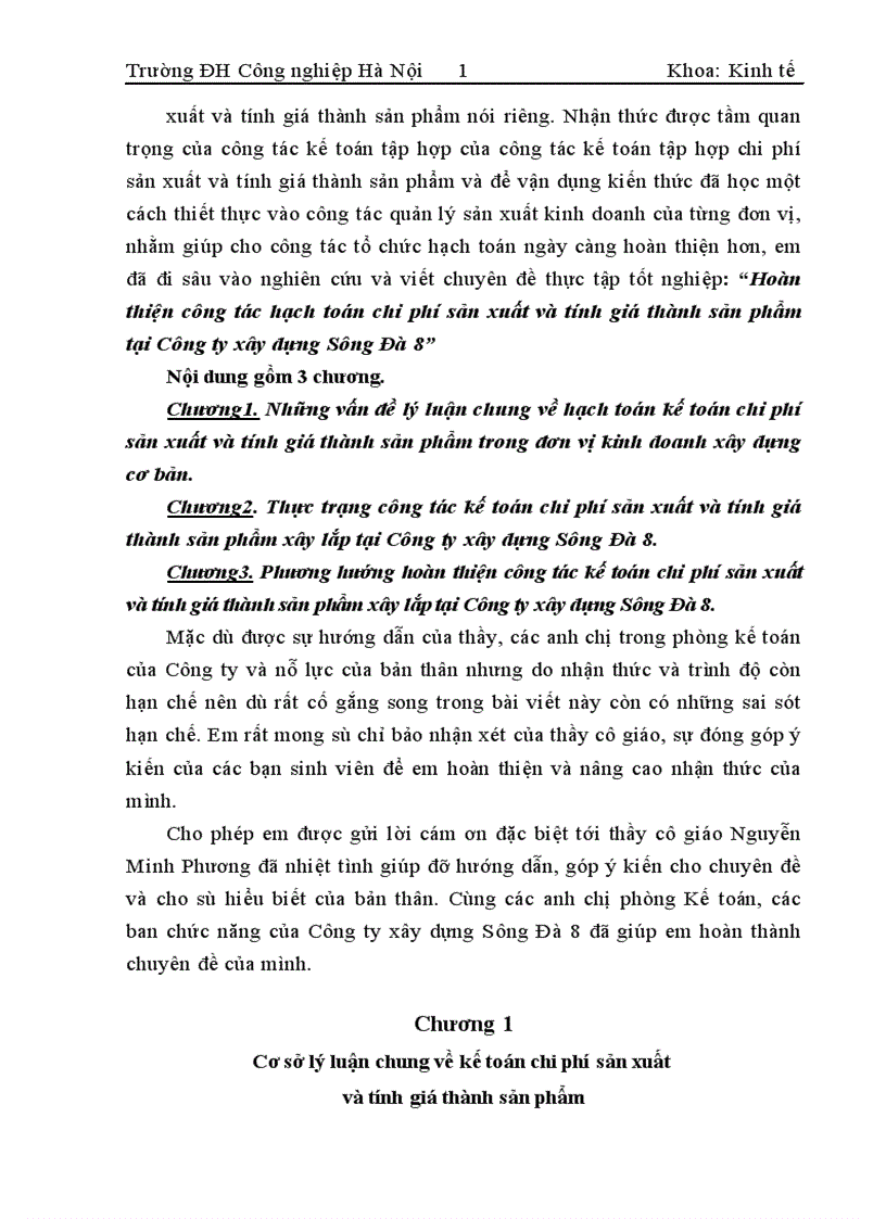 image for page Hoàn thiện công tác hạch toán chi phí sản xuất và tính giá thành sản phẩm tại Công ty xây dựng Sông Đà 8