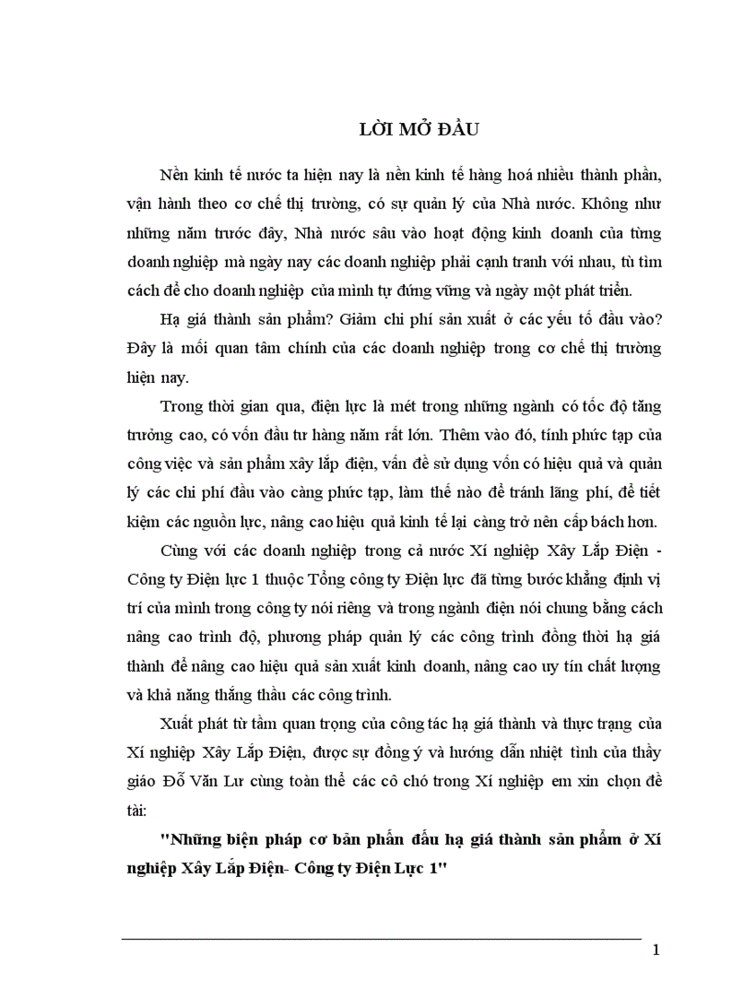 Những biện pháp cơ bản phấn đấu hạ giá thành sản phẩm ở Xí nghiệp Xây Lắp Điện Công ty Điện Lực 1