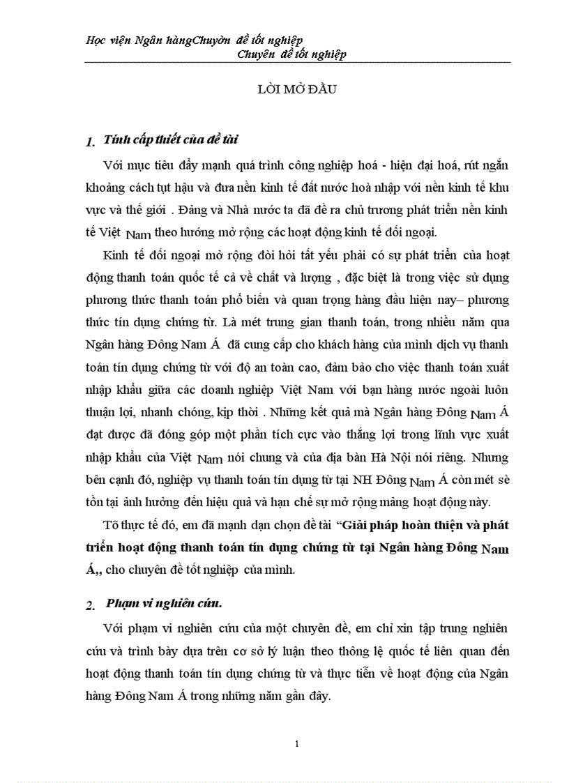 Giải pháp hoàn thiện và phát triển hoạt động thanh toán tín dụng chứng từ tại ngân hàng đông nam á 1