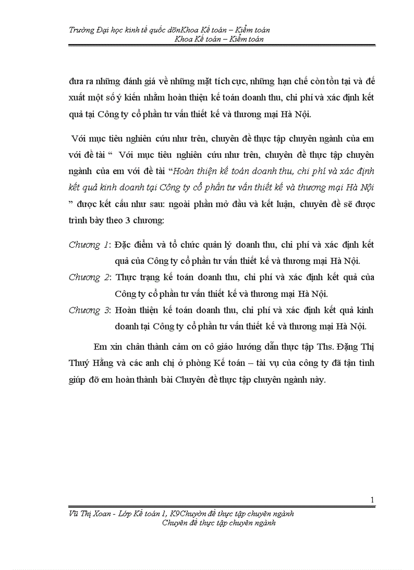 Hoàn thiện kế toán doanh thu chi phí và xác định kết quả kinh doanh tại Công ty cổ phần tư vấn thiết kế và thương mại Hà Nội 1