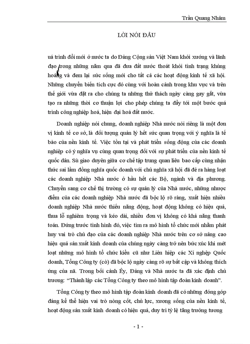Thực trạng và giải pháp của quá trình thành lập và tổ chức hoạt động của Tổng Công ty theo mô hình tập đoàn kinh doanh 1