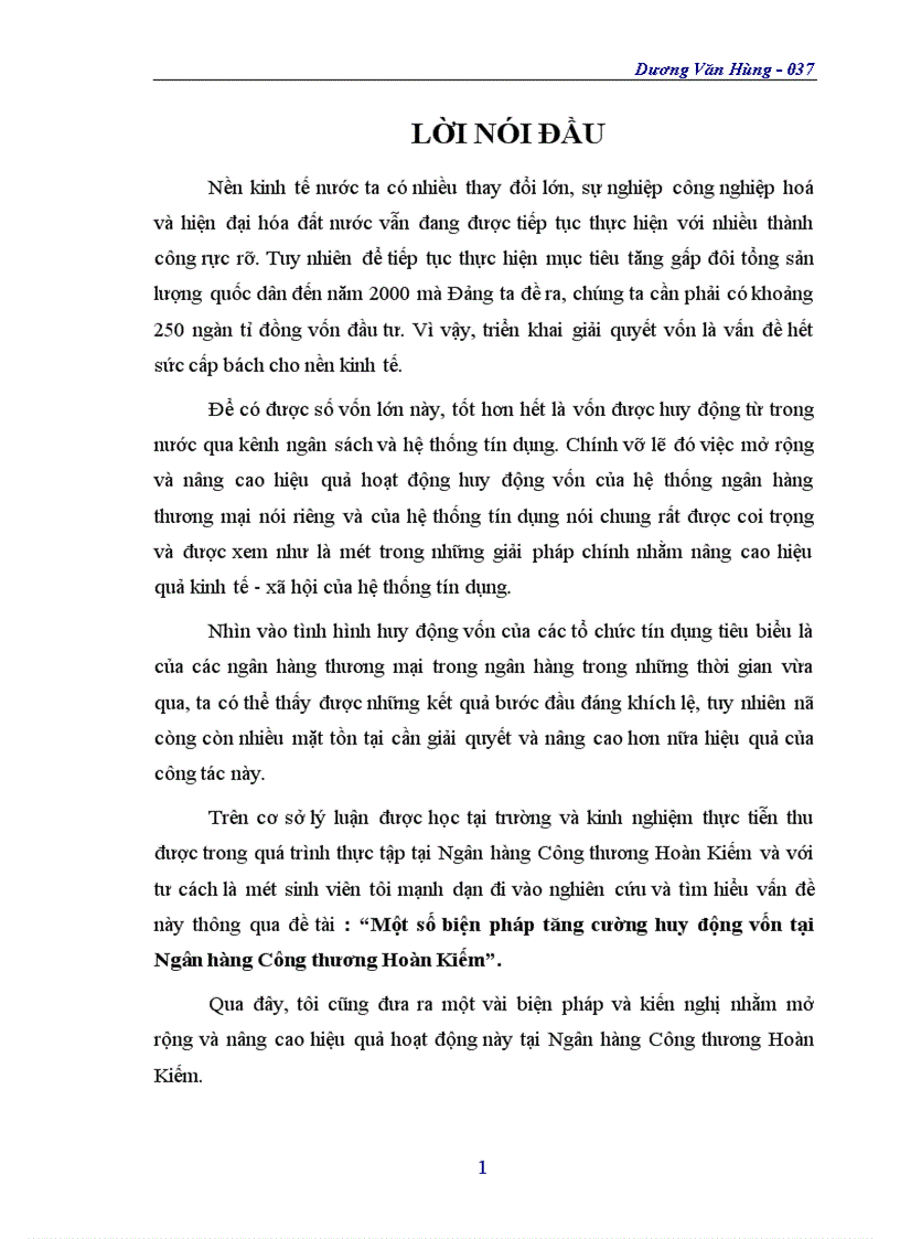 Một số biện pháp tăng cường huy động vốn tại Ngân hàng Công thương Hoàn Kiếm 1