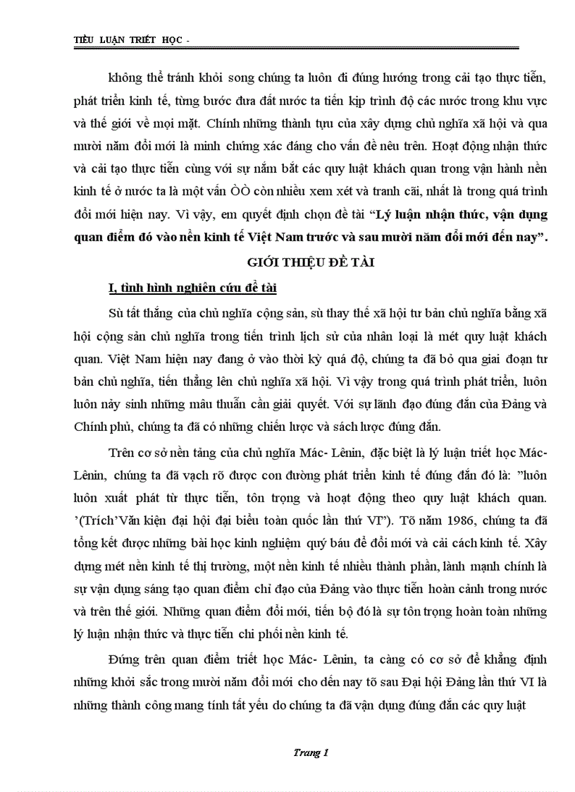 Lý luận nhận thức vận dụng quan điểm đó vào nền kinh tế Việt Nam trước và sau mười năm đổi mới đến nay 1