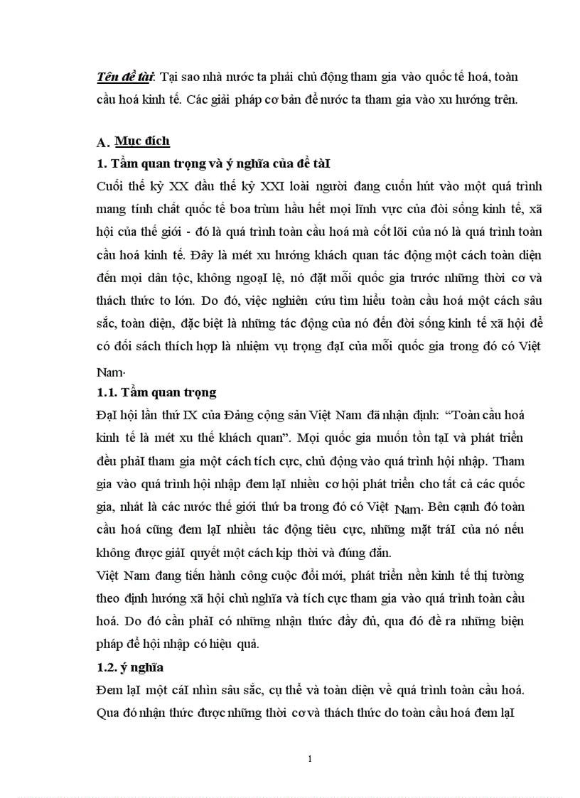Tại sao nước ta phải chủ động tham gia vào quốc tế hoá toàn cầu hoá kinh tế Các giải pháp cơ bản để nước ta tham gia vào xu hướng trên 1