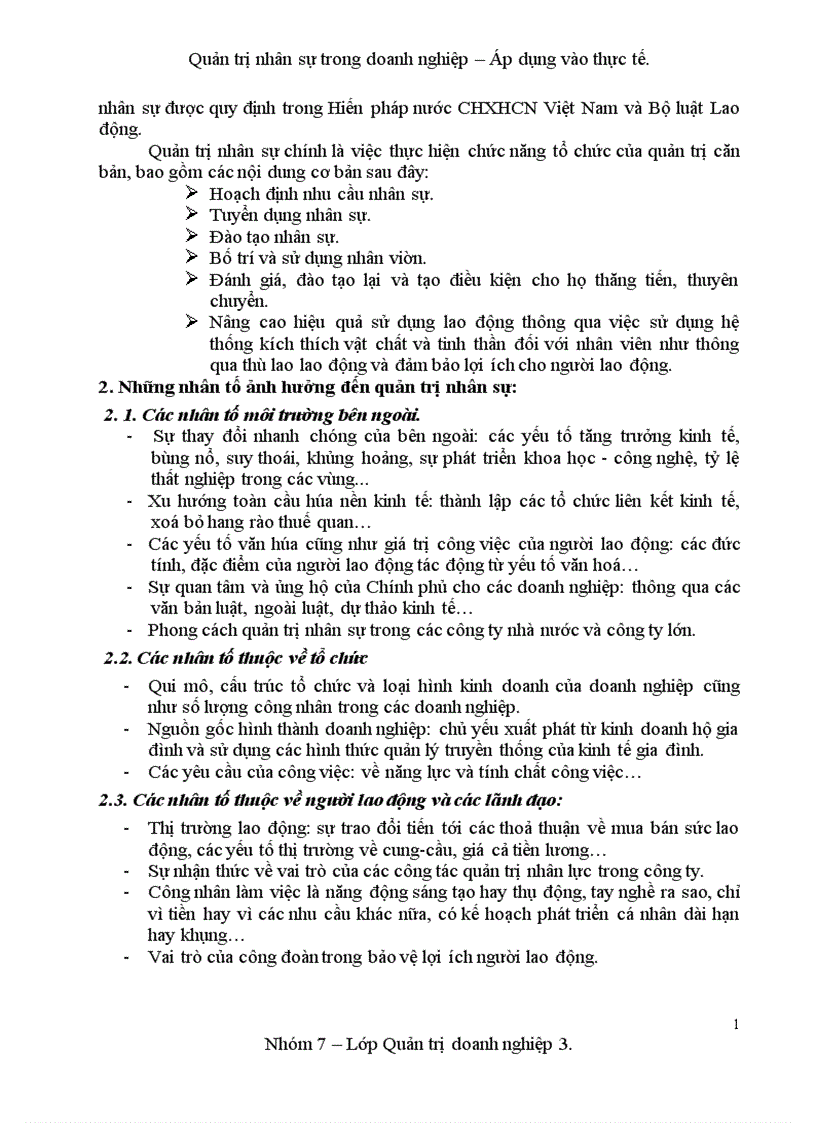 Quản trị nhân sự trong doanh nghiệp Áp dụng vào thực tế 1