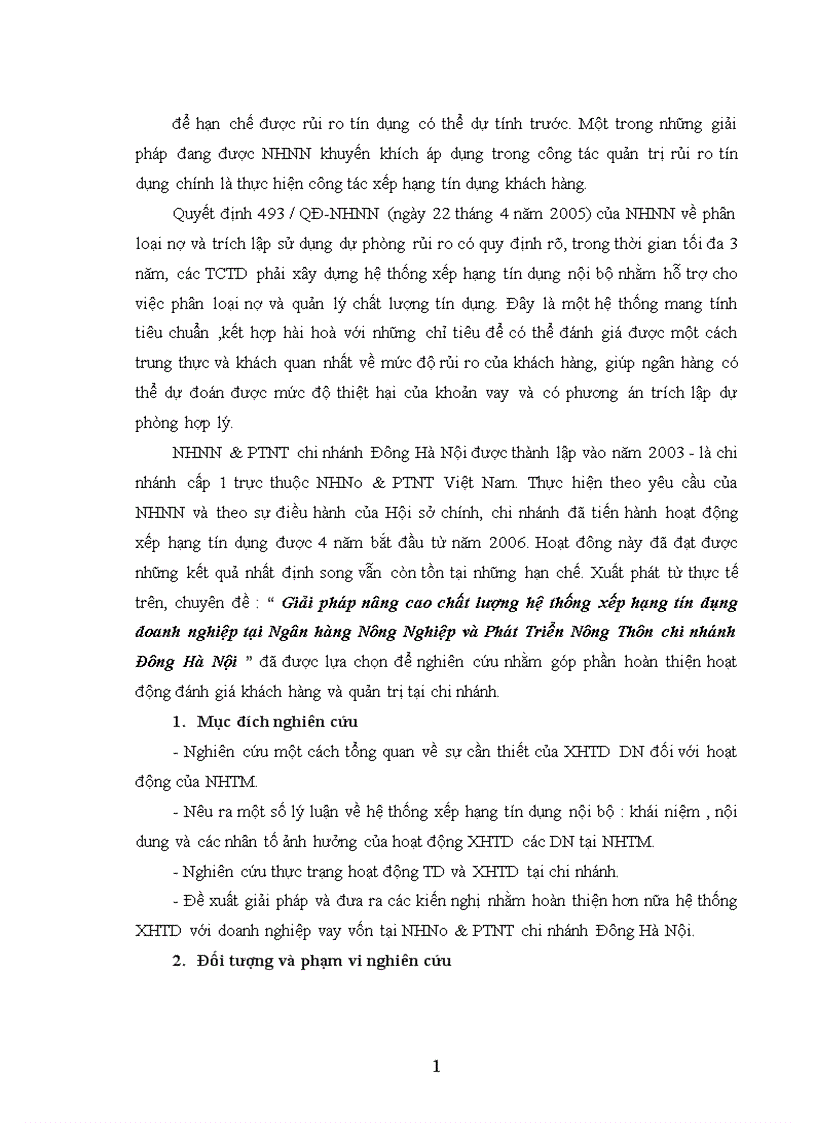 Giải pháp nâng cao chất lượng hệ thống xếp hạng tín dụng doanh nghiệp tại Ngân hàng Nông Nghiệp và Phát Triển Nông Thôn chi nhánh Đông Hà Nội 1