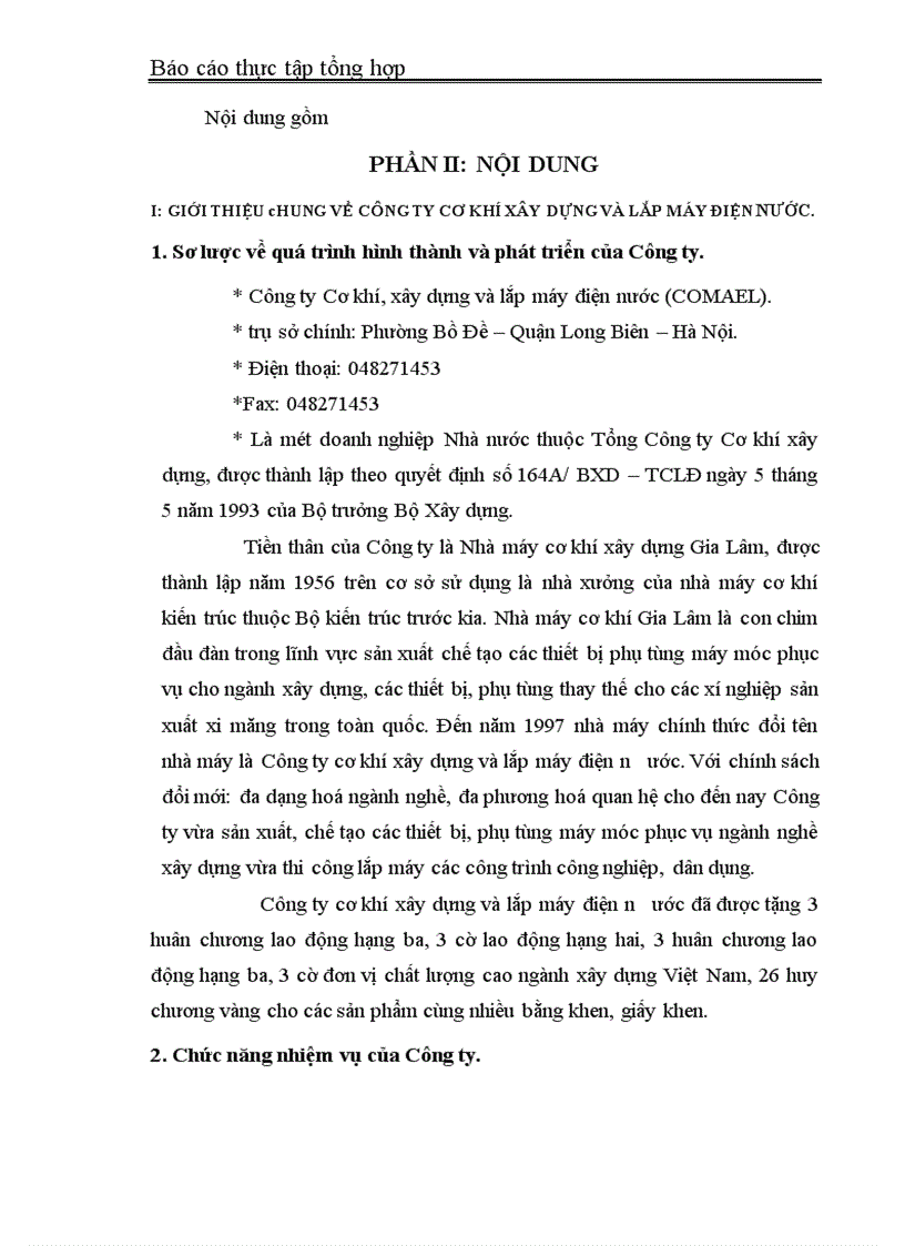 Báo cáo Thực tập tổng hợp Công ty Cơ khí xây dựng và lắp máy điện nước