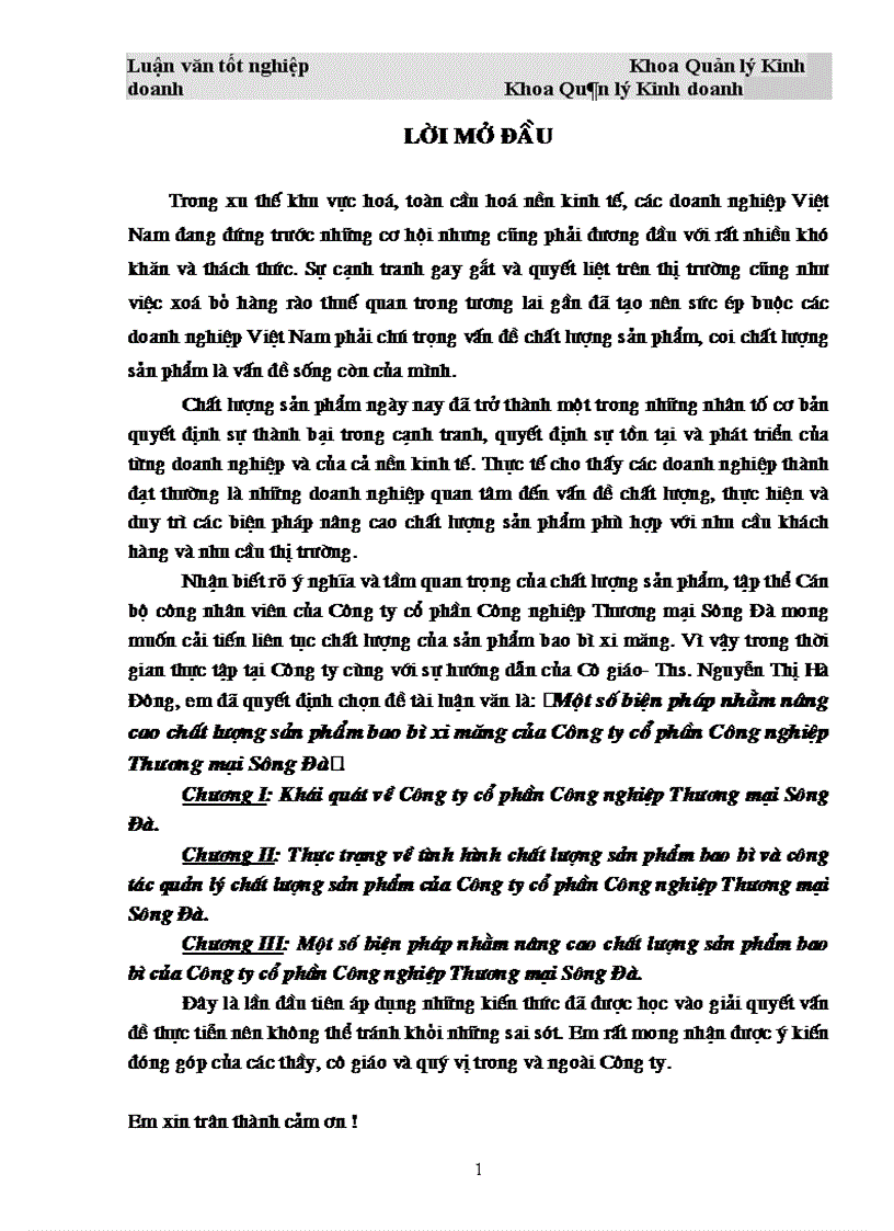 Thực trạng chất lượng của sản phẩm và công tác quản lý chất lượng của Công ty cổ phần Công nghiệp Thương mại Sông Đà