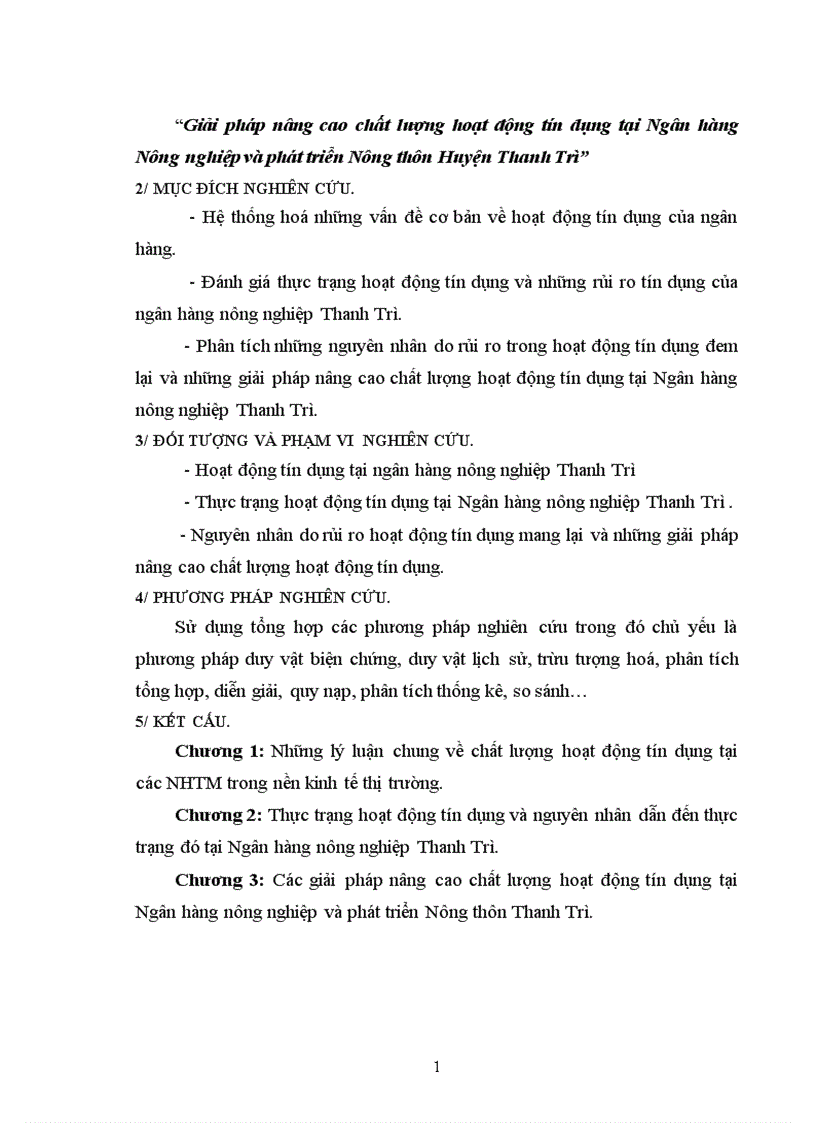 Giải pháp nâng cao chất lượng hoạt động tín dụng tại Ngân hàng Nông nghiệp và phát triển Nông thôn Huyện Thanh Trì 1