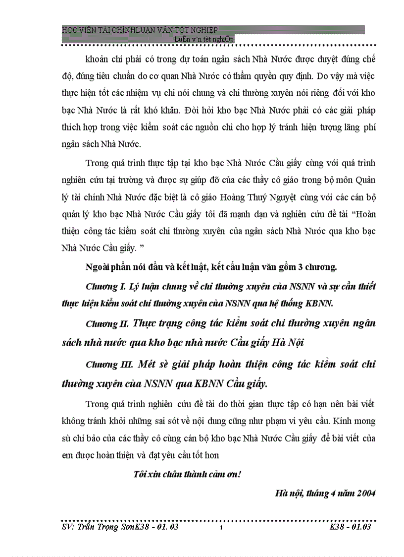 Hoàn thiện công tác kiểm soát chi thường xuyên của ngân sách Nhà Nước qua kho bạc Nhà Nước Cầu giấy 1
