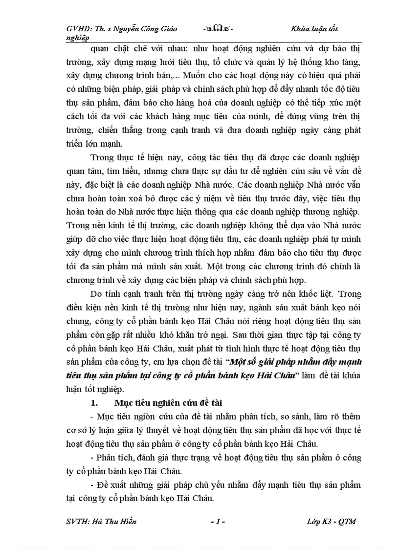 Một số giải pháp nhằm đẩy mạnh tiêu thụ sản phẩm tại công ty cổ phần bánh kẹo Hải Châu 1