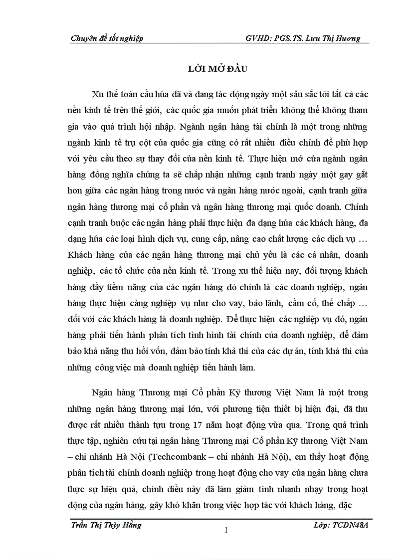 Hoàn thiện nội dung phân tích tài chính doanh nghiệp trong hoạt động cho vay của Ngân hàng Kỹ thương chi nhánh Hà Nội Techcombank chi nhánh Hà Nội 1