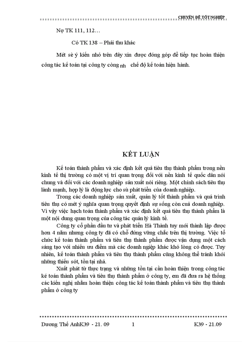 image for page Tổ chức công tác kế toán thành phẩm và tiêu thụ thành phẩm ở công ty cổ phần đầu tư và phát triển Hà thành 1