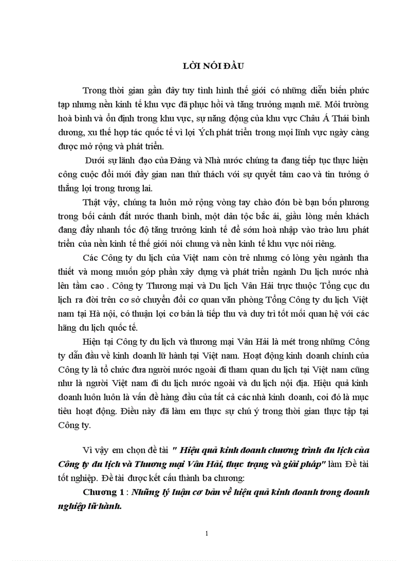 Hiệu quả kinh doanh chương trình du lịch của Công ty du lịch và Thương mại Vân Hải thực trạng và giải pháp 1