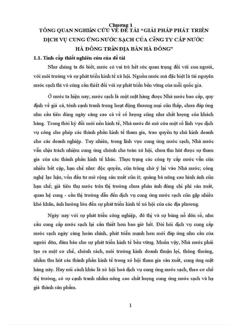 Giải pháp phát triển dịch vụ cung ứng nước sạch của công ty cấp nước Hà Đông trên địa bàn Hà Đông 1
