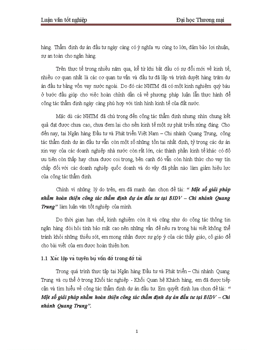 Một số giải pháp nhằm hoàn thiện công tác thẩm định dự án đầu tư tại BIDV Chi nhánh Quang Trung 1