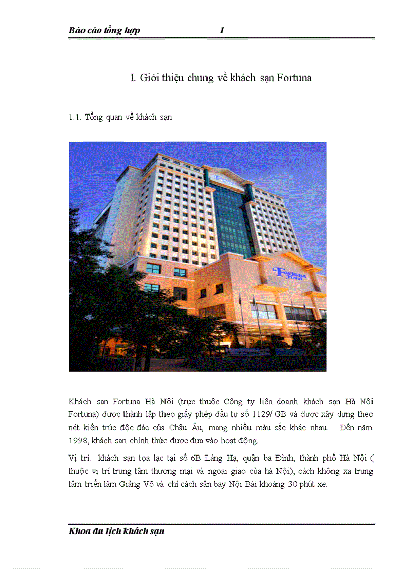 Báo cáo thực tập tổng hợp tại Khách sạn Fortuna Hà Nội