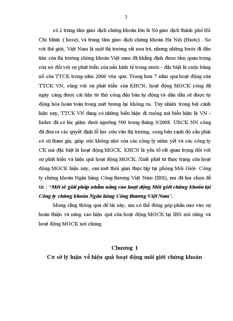 Một số giải pháp nhằm nâng cao hoạt động Môi giới chứng khoán tại Công ty chứng khoán Ngân hàng Công thương Việt Nam 1